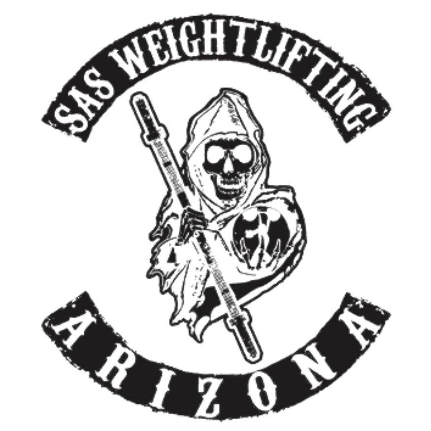logo - a skeleton holding a barbell with the words "SAS Weightlifting, Arizona" in a banner circling the image